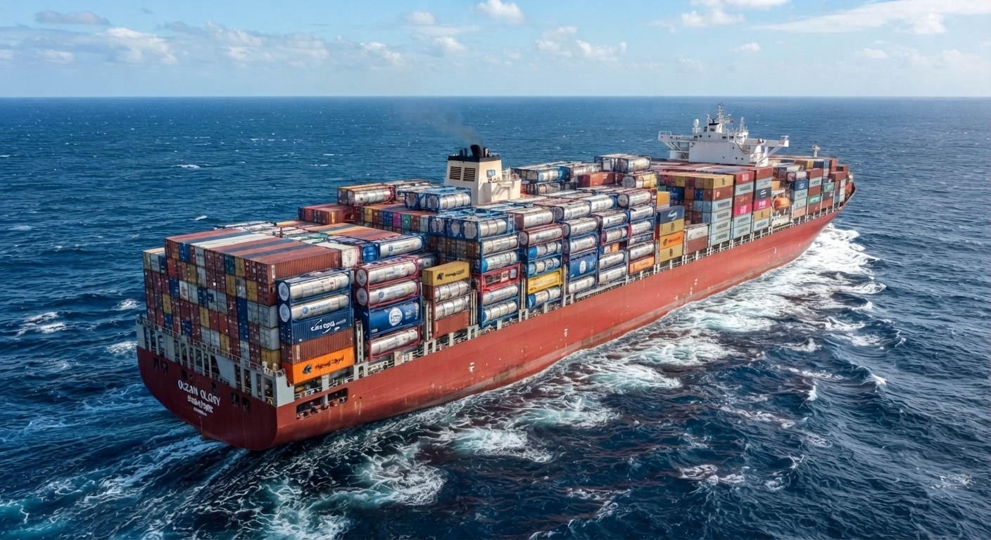 Aerial view of a fully loaded container ship under way at sea